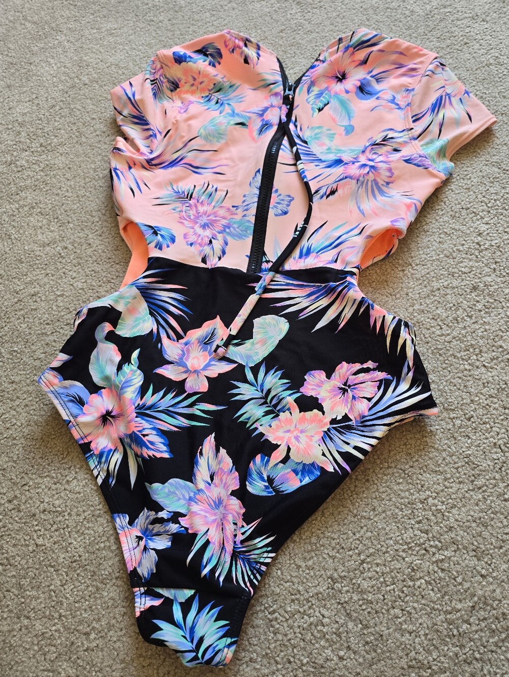 Floral One-Piece Swimsuit with Front Zip - Pink & Black Womens Size Medium